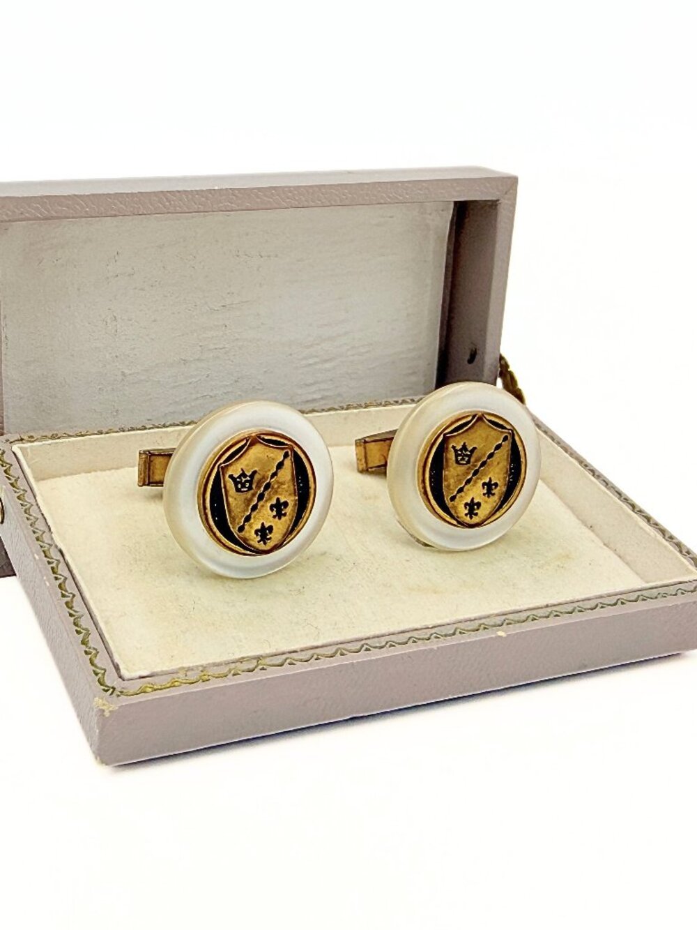 Honorable MCM Gold Plated Heraldic Shield Motif Button Lucite Cufflinks